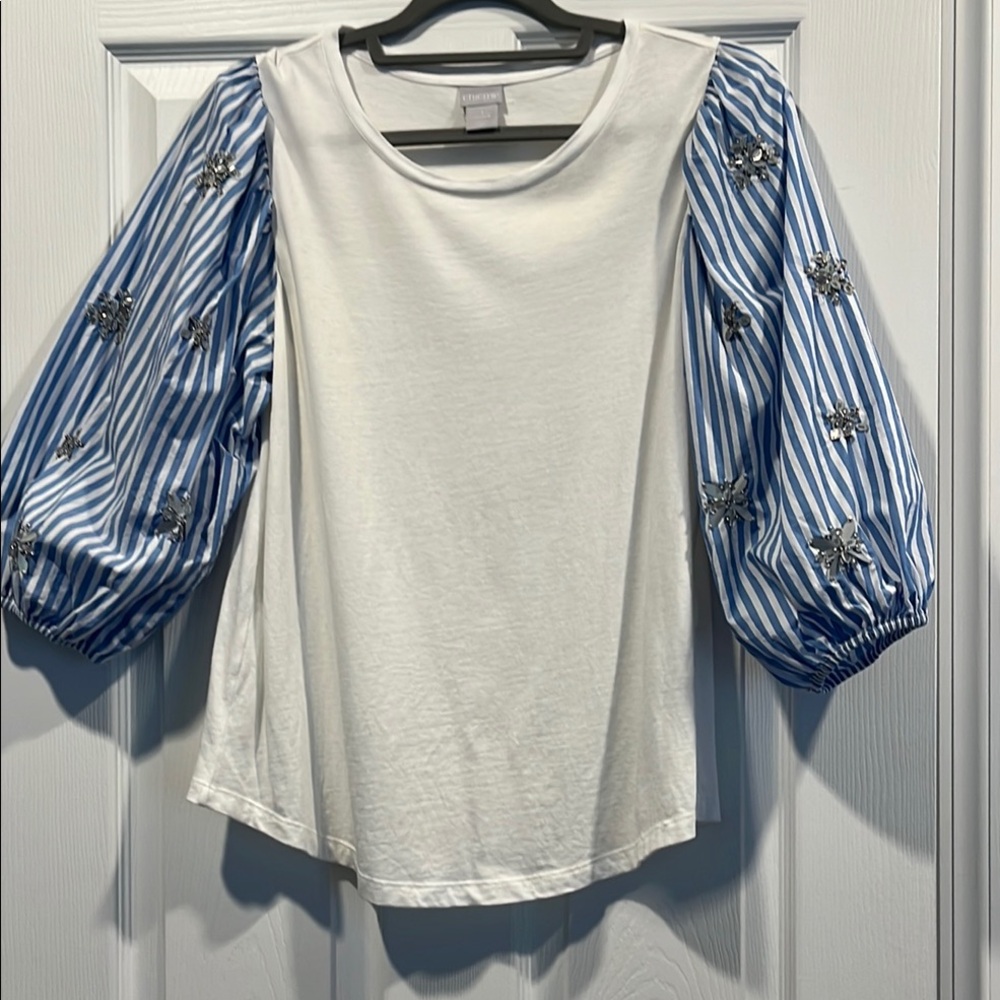 Chico's Cream and Blue Puff‎ Sleeve Boxy Blouse